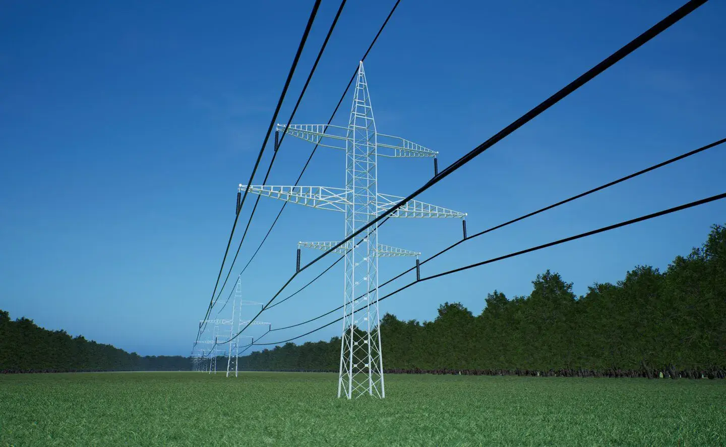 Electric grid pylons delivering high-voltage electricity